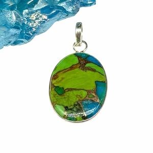 Green Kingman Turquoise Necklace Pendant Solid 925 Sterling Silver Oval Stone